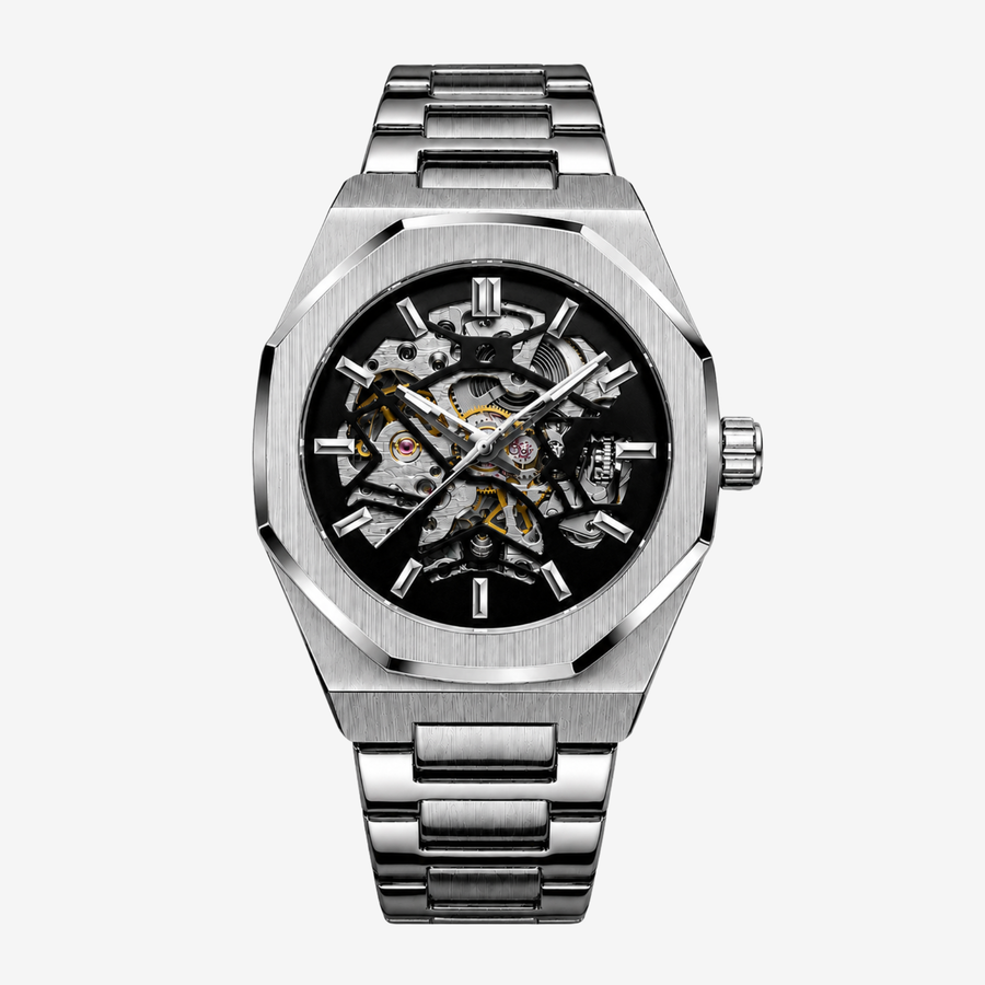 Steel octagonal skeleton watch on a steel bracelet