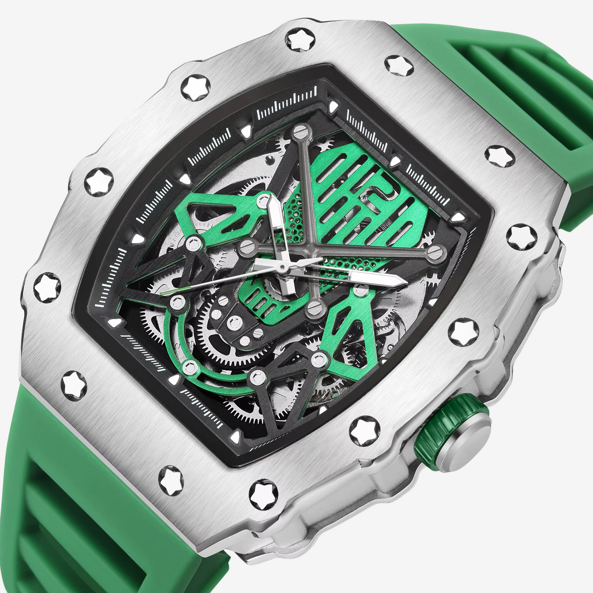 Close-up of the skeleton dial with green details