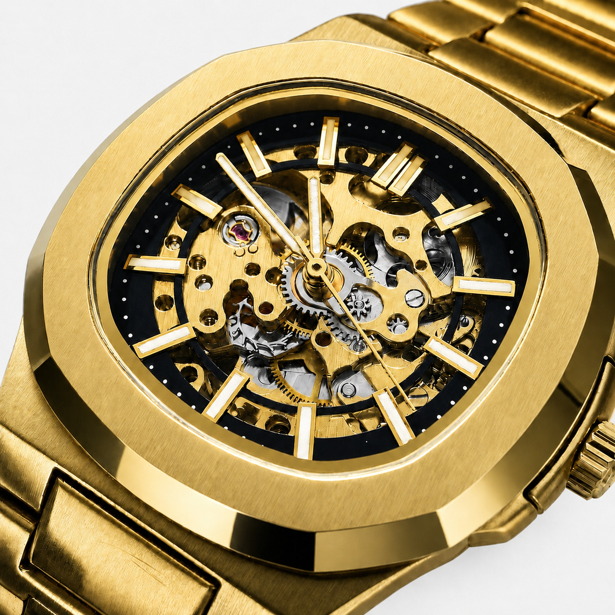 Close-up of the gold-tone skeleton dial