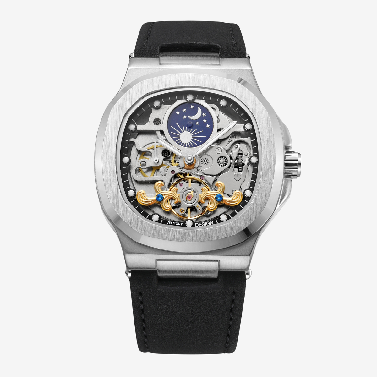 Steel cushion-case skeleton watch with moon display on a black strap