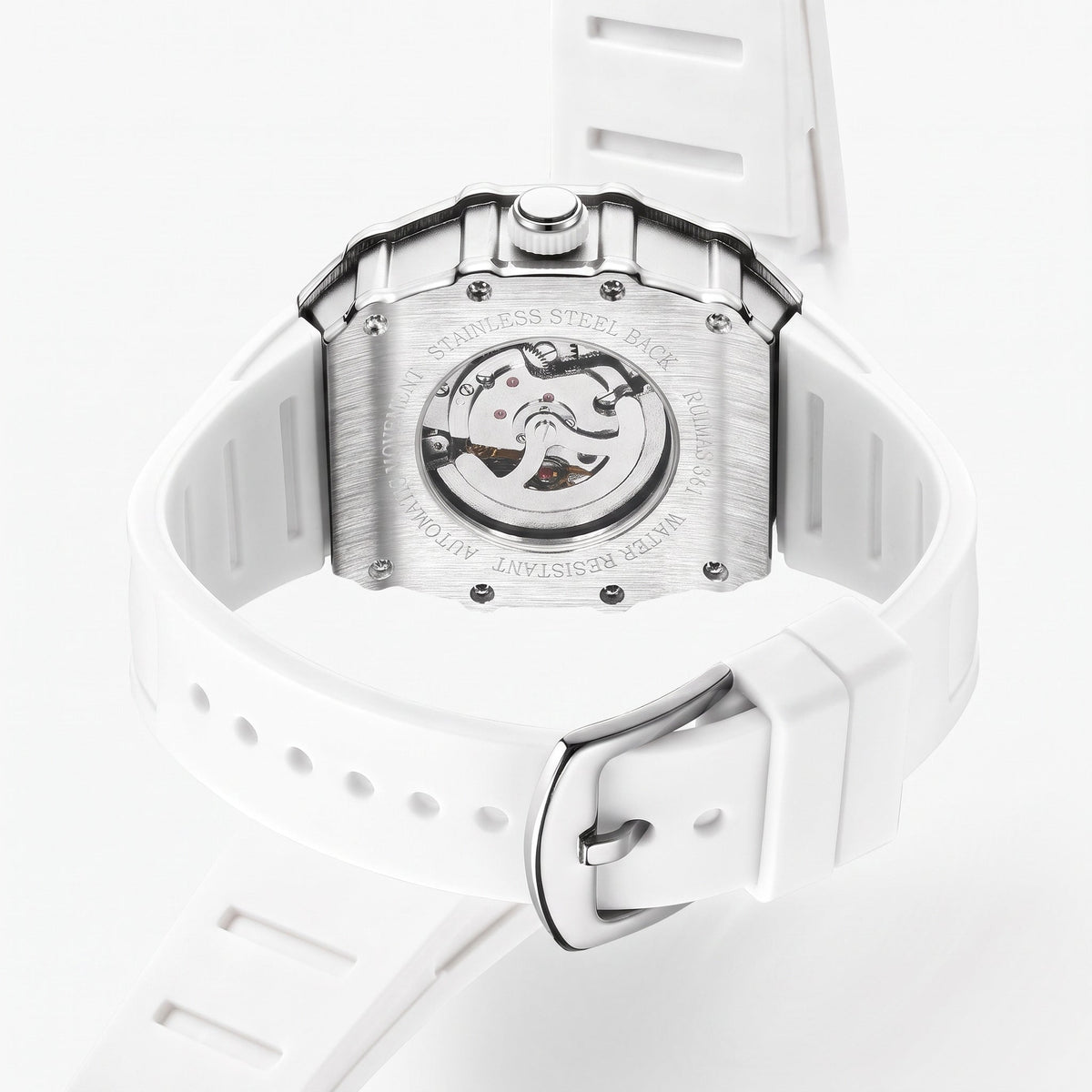 White silicone strap and pin buckle, rear view of the skeleton watch