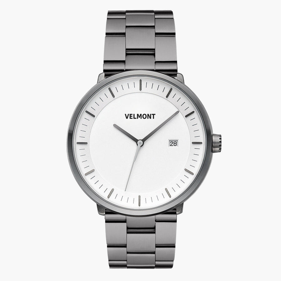 Gunmetal watch with a white dial and date window on a matching link bracelet.