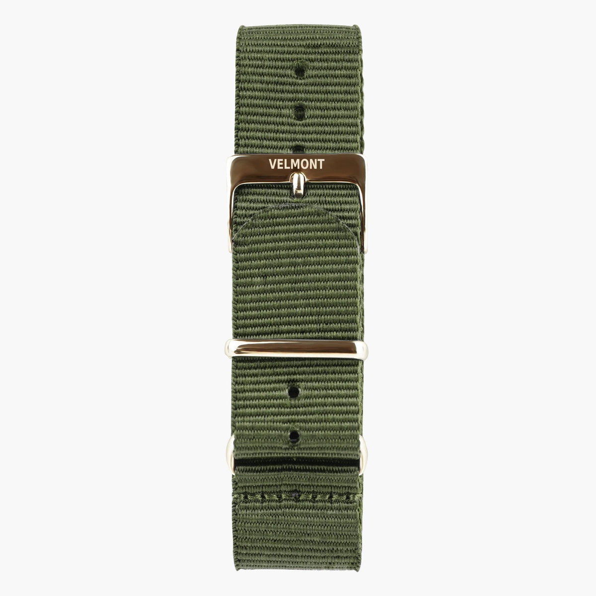 Army green woven strap with a metal pin buckle and keepers.