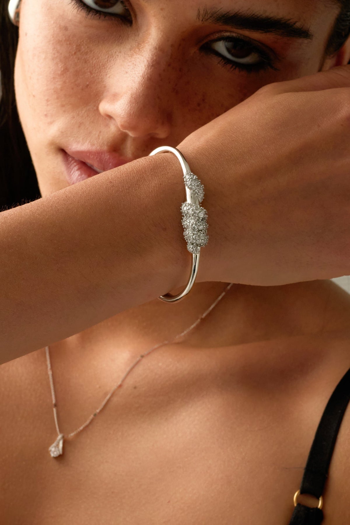 Silver-tone stone-set knot cuff bracelet, view 6 of 6