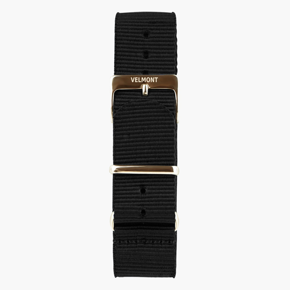Black woven strap with a rose gold-tone buckle and metal keepers.