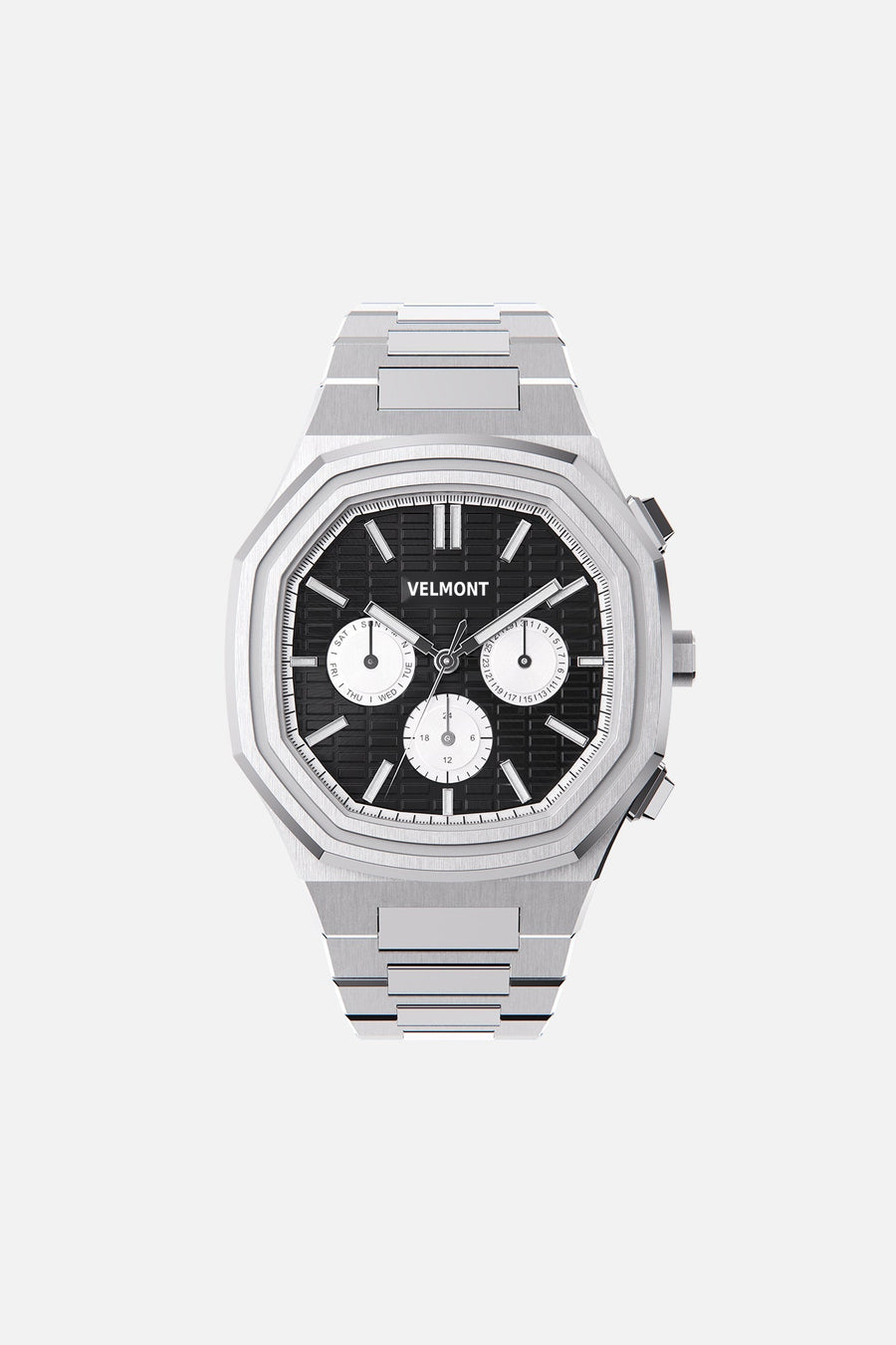 Front view of the octagonal watch with black day-date dial on its integrated bracelet