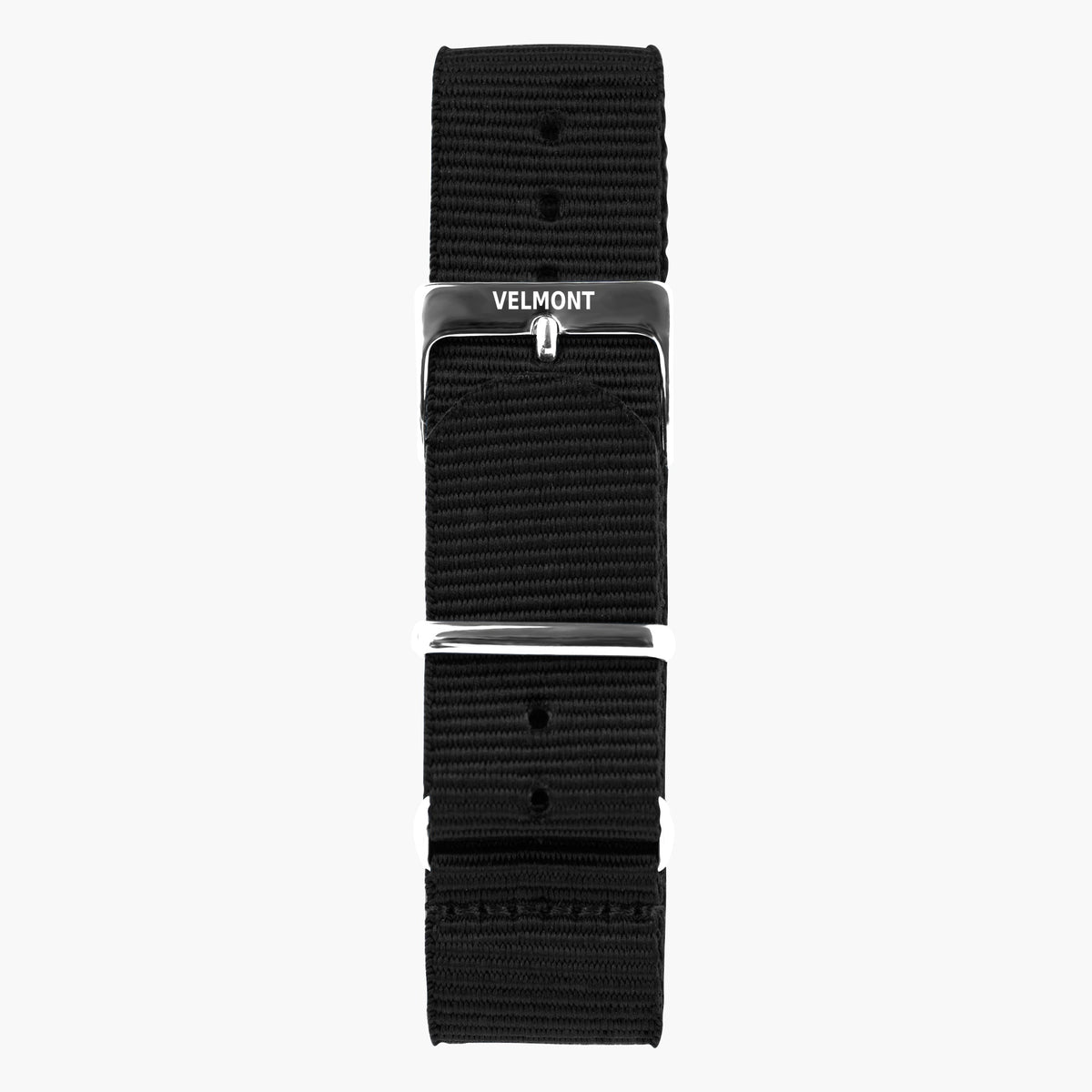 Black woven strap with a silver-tone buckle and metal keepers.