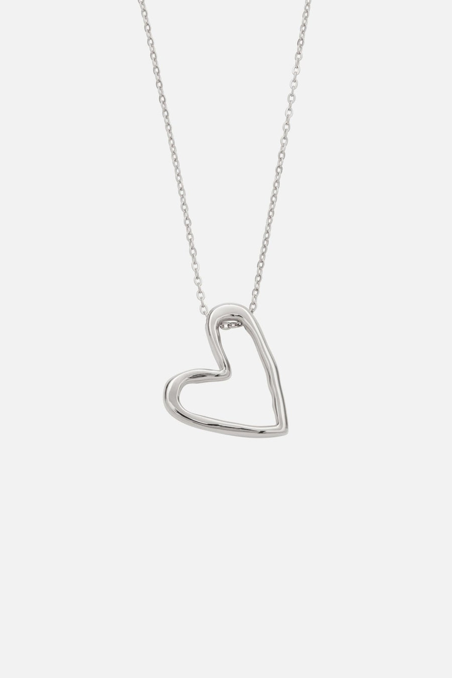 Silver-tone open heart necklace, front view on a light background