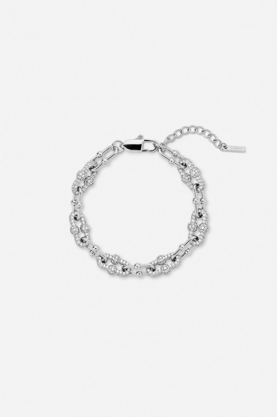 Silver-tone chunky textured oval link bracelet, front view on a light background