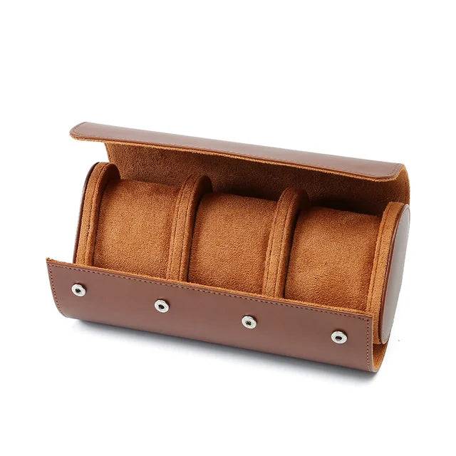 Brown three-watch roll case open, showing three padded cushions
