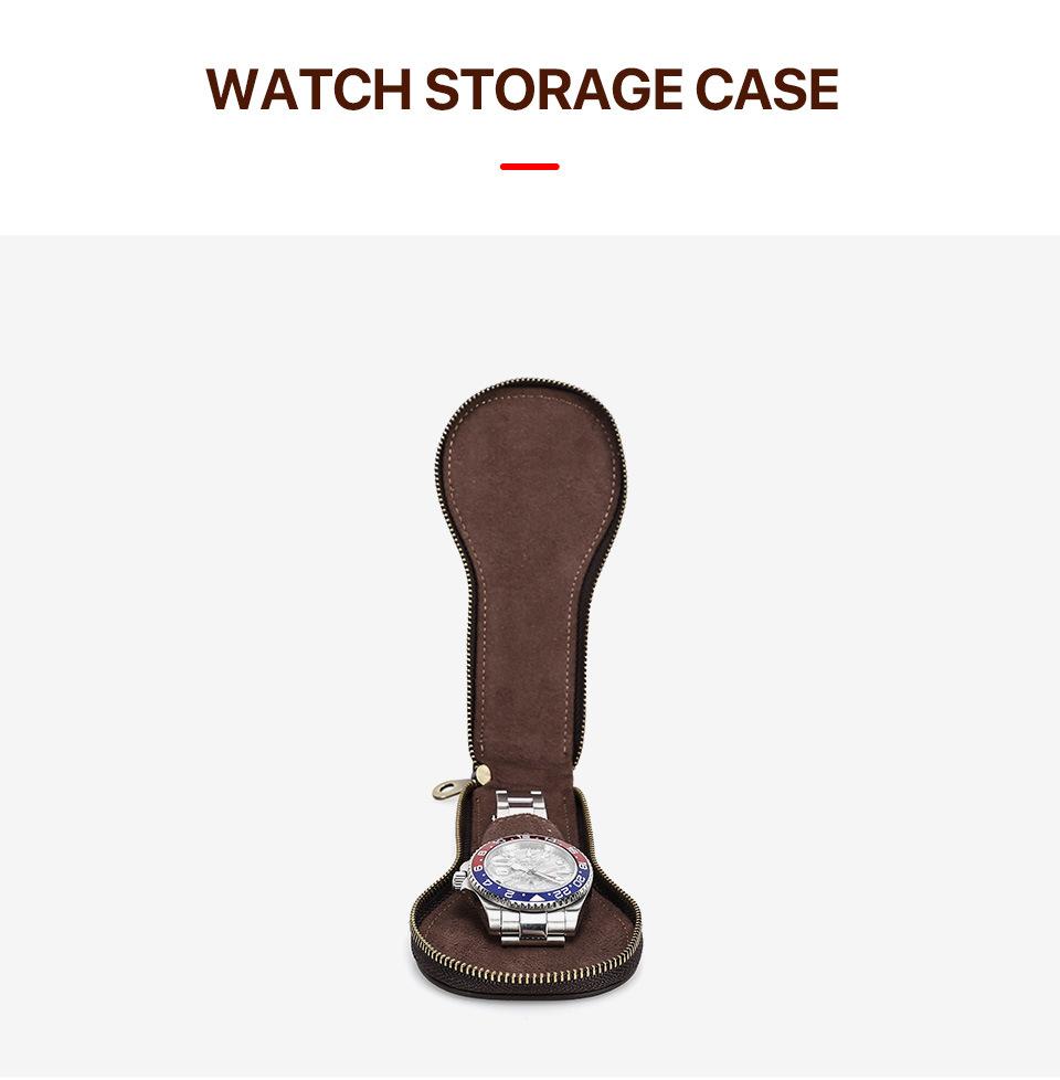 Travel watch case standing open with a watch