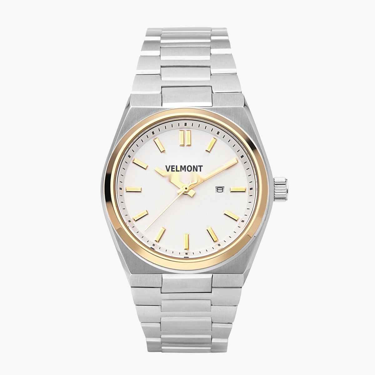 Two-tone watch with a gold-tone bezel, white dial and silver-tone integrated bracelet.