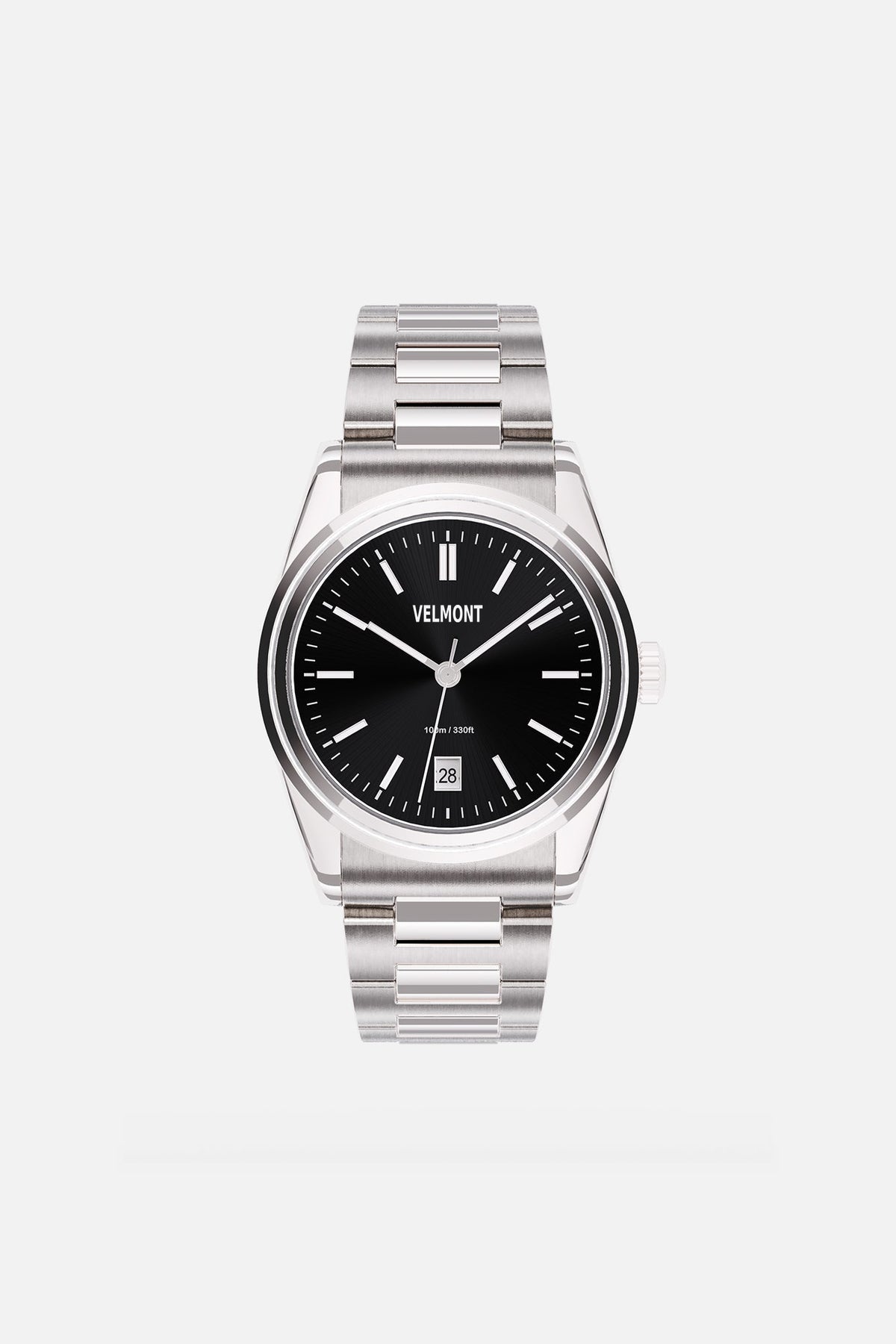 Front view of the round watch with black sunburst dial and date window