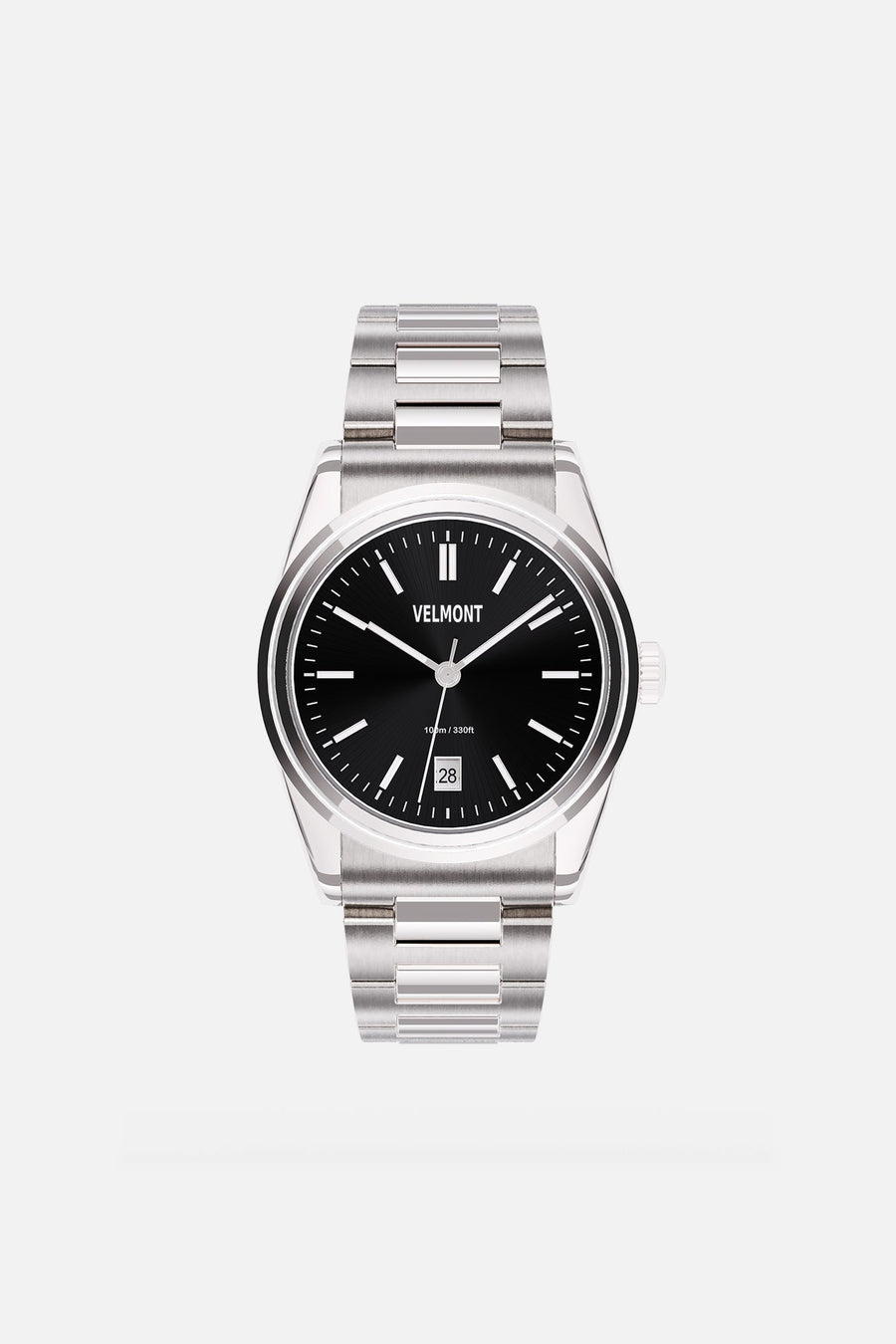 Front view of the round watch with black sunburst dial and date window