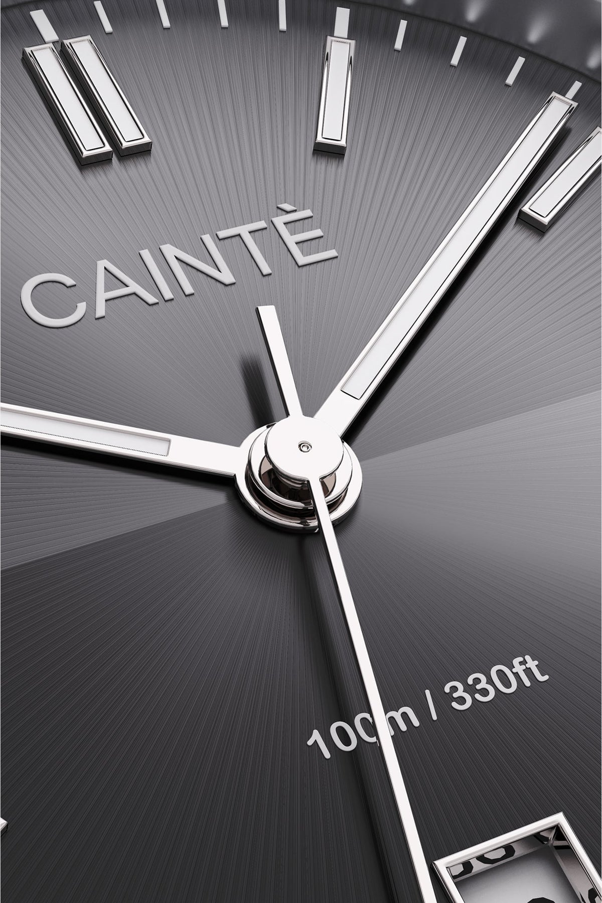 Close-up of the black sunburst dial, baton markers and hands