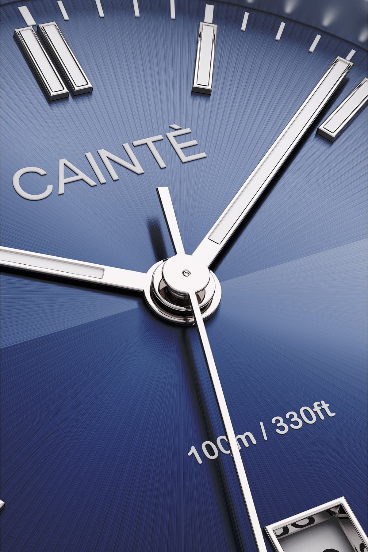 Close-up of the blue sunburst dial, baton markers and hands