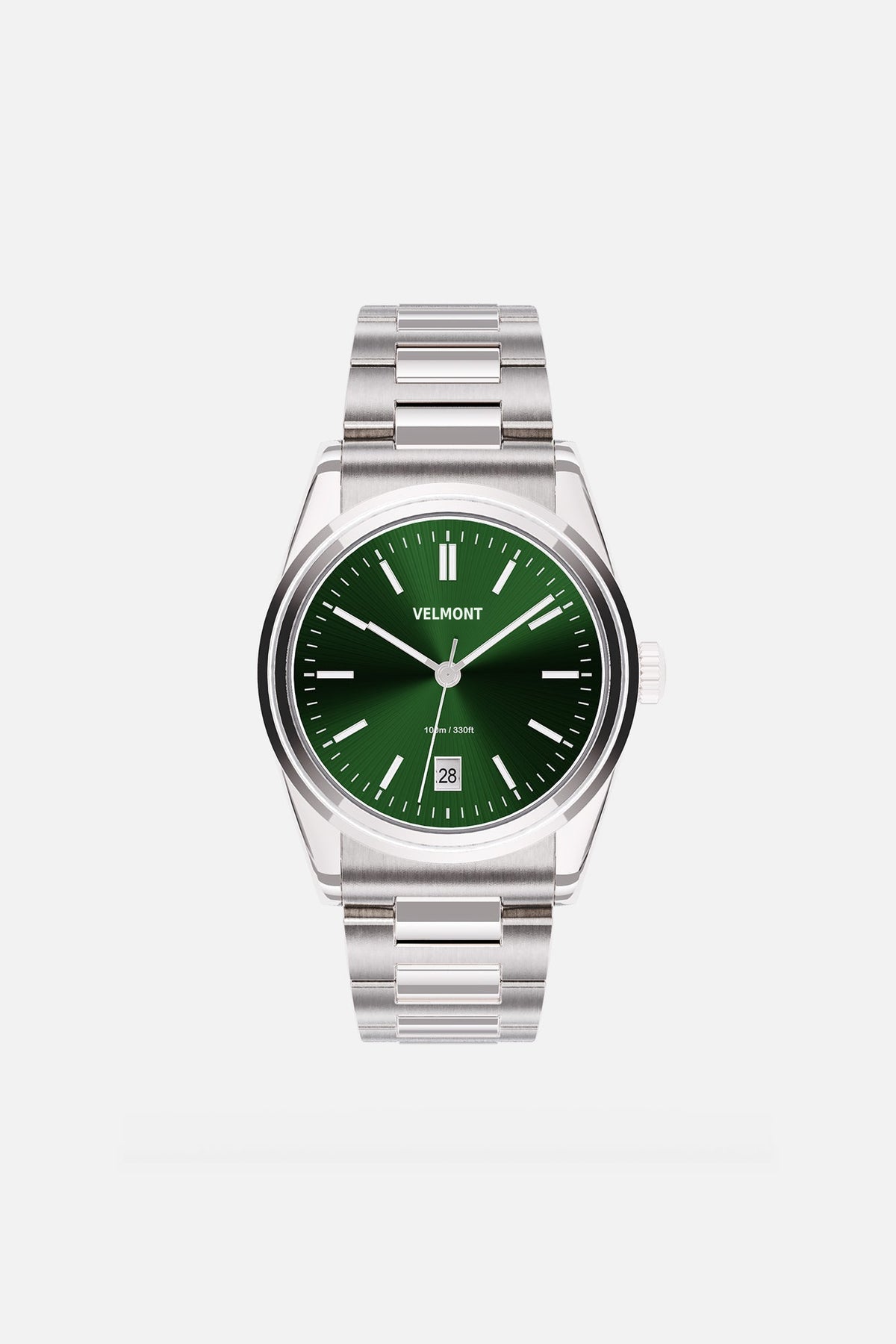Front view of the round watch with olive green sunburst dial and date window