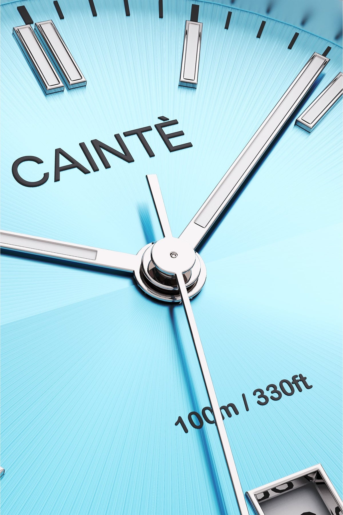 Close-up of the turquoise sunburst dial, baton markers and hands