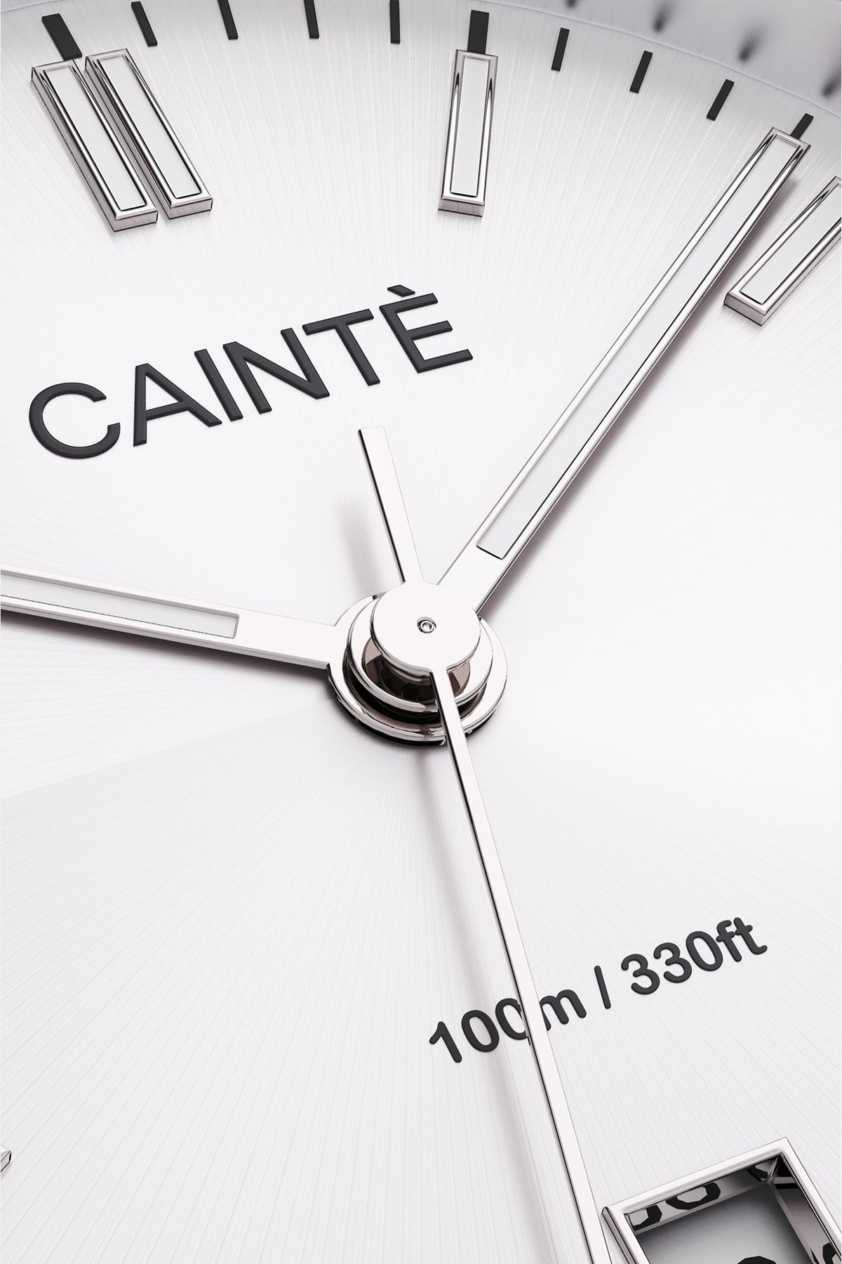 Close-up of the white sunburst dial, baton markers and hands