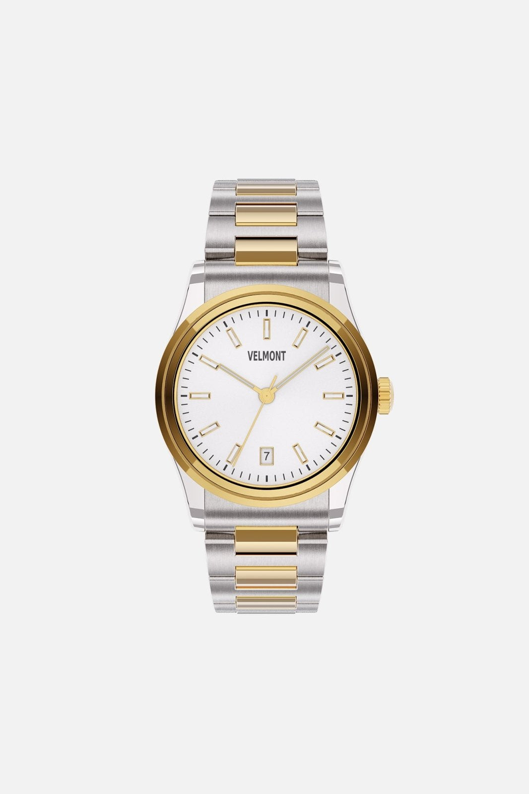Front view of the small two-tone watch with white dial
