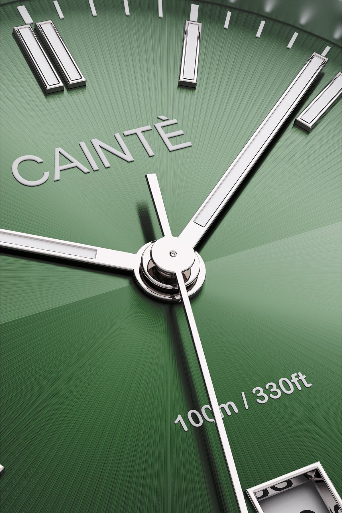 Close-up of the olive green sunburst dial, baton markers and hands