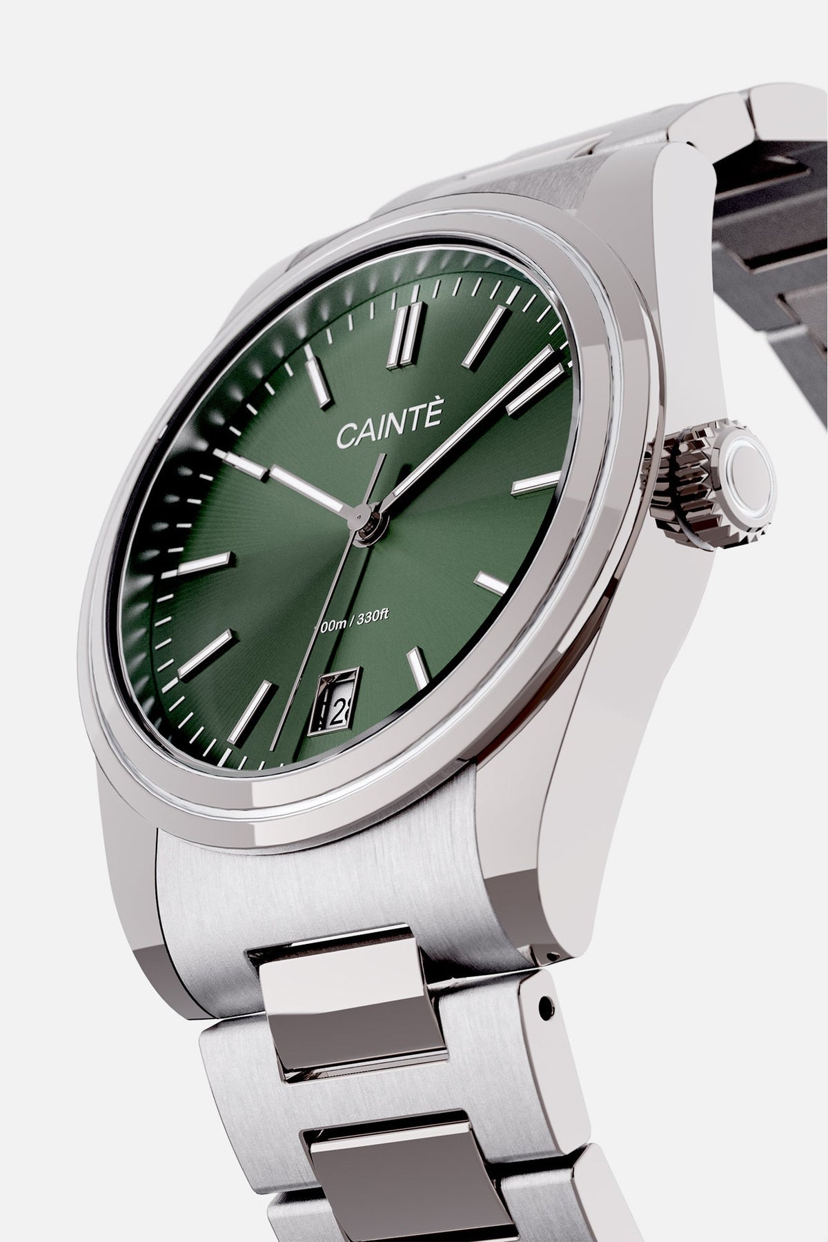 Angled view of the round case and olive green dial