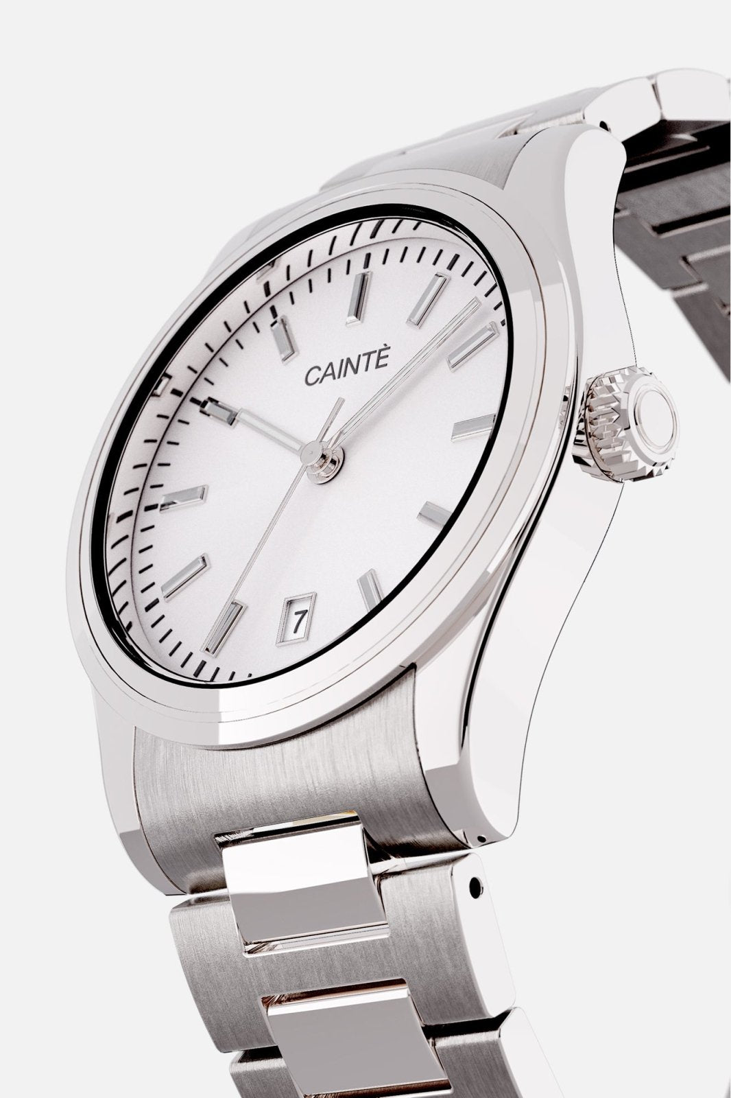 Angled view of the round case and white dial