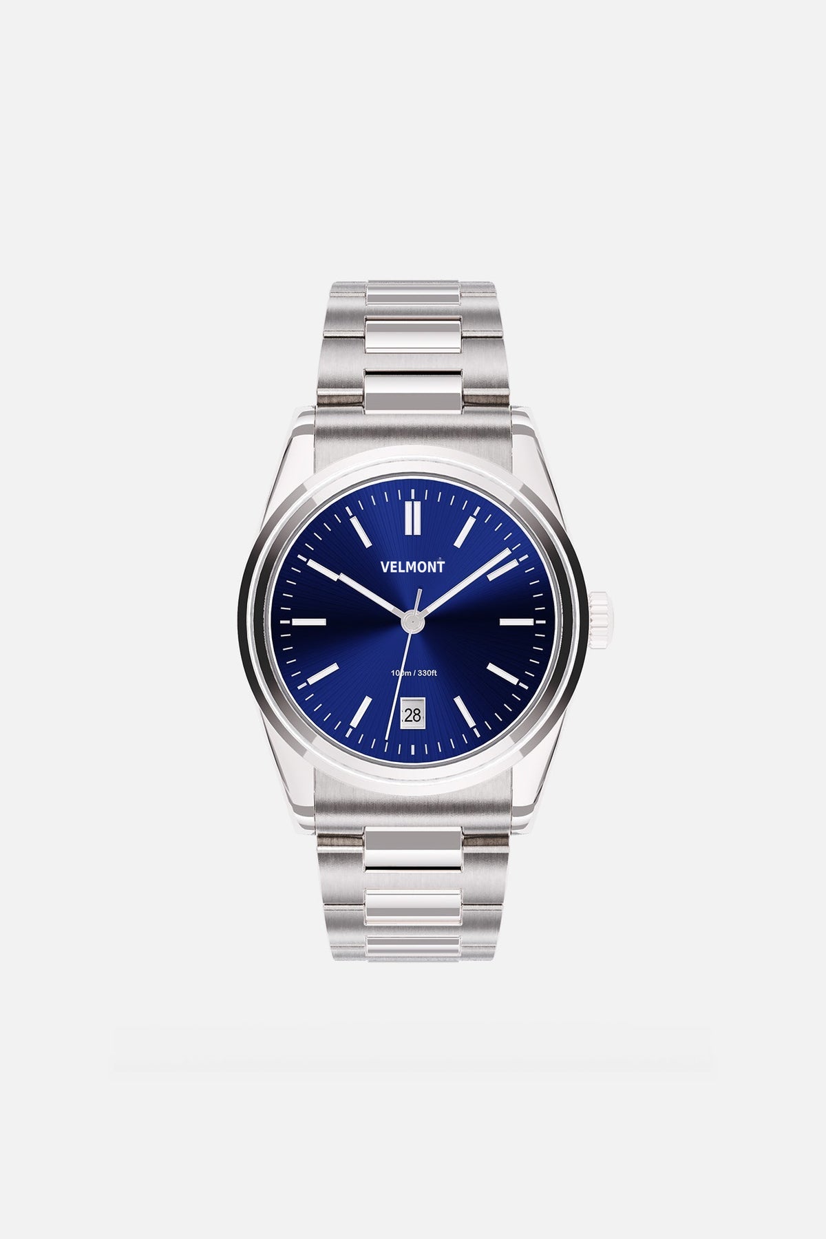 Front view of the round watch with blue sunburst dial and date window