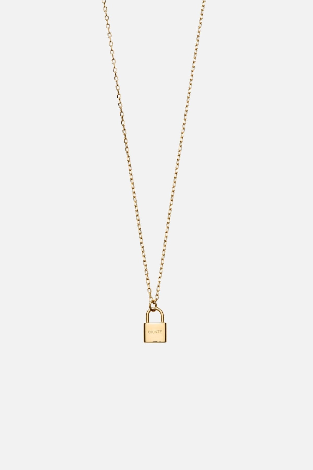Gold-tone padlock pendant necklace, front view on a light background