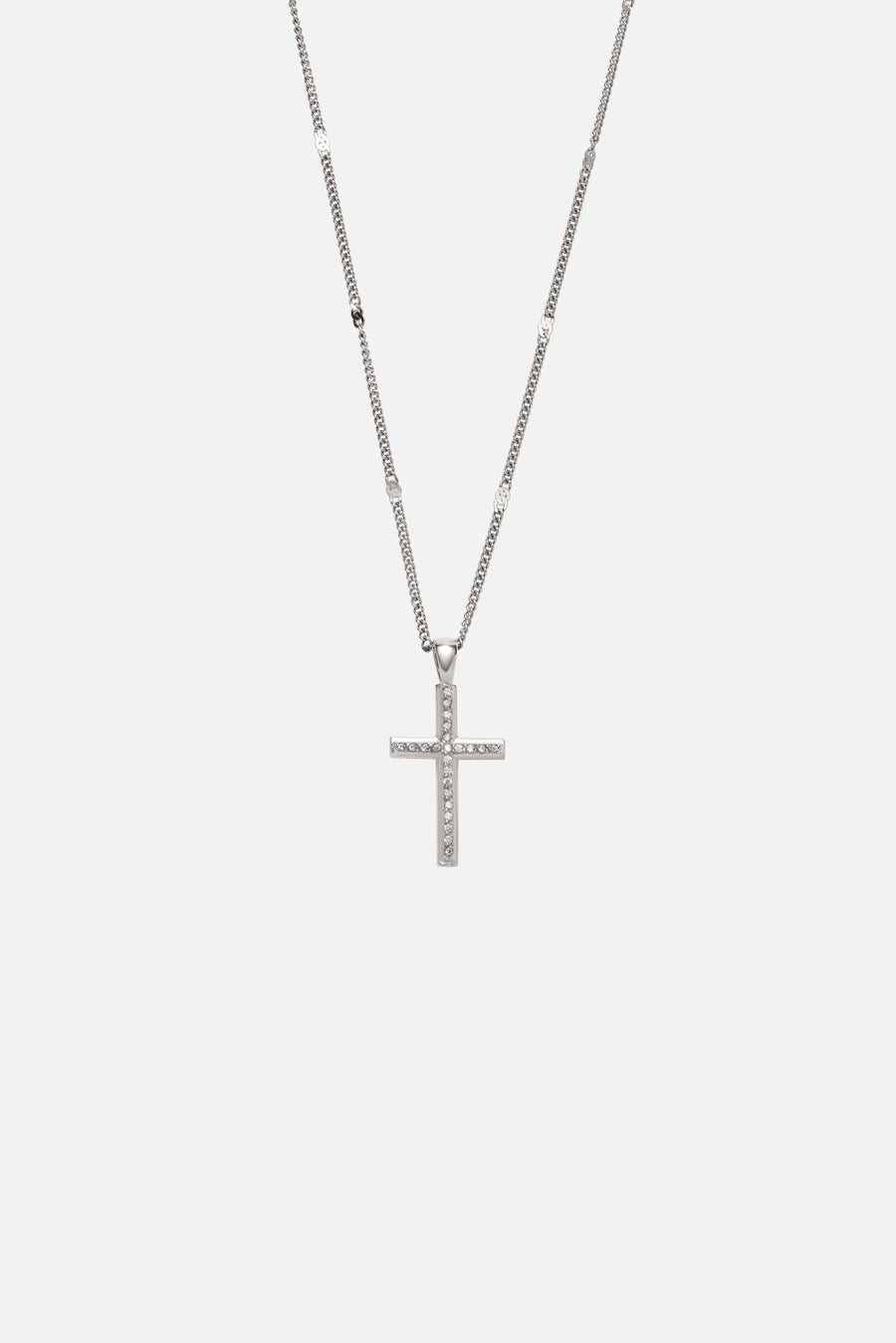 Silver-tone slim cross necklace, front view on a light background