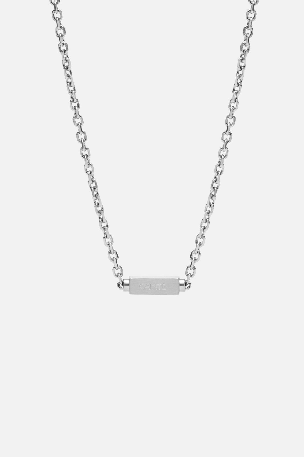 Silver-tone chain necklace with a brushed bar, front view on a light background
