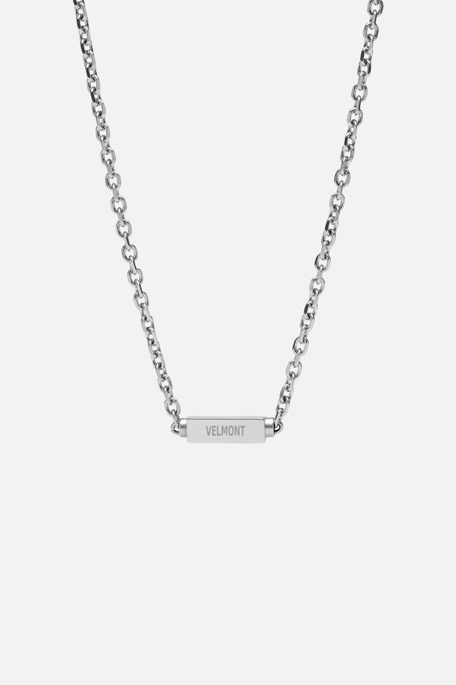 Silver-tone chain necklace with a polished bar, front view on a light background
