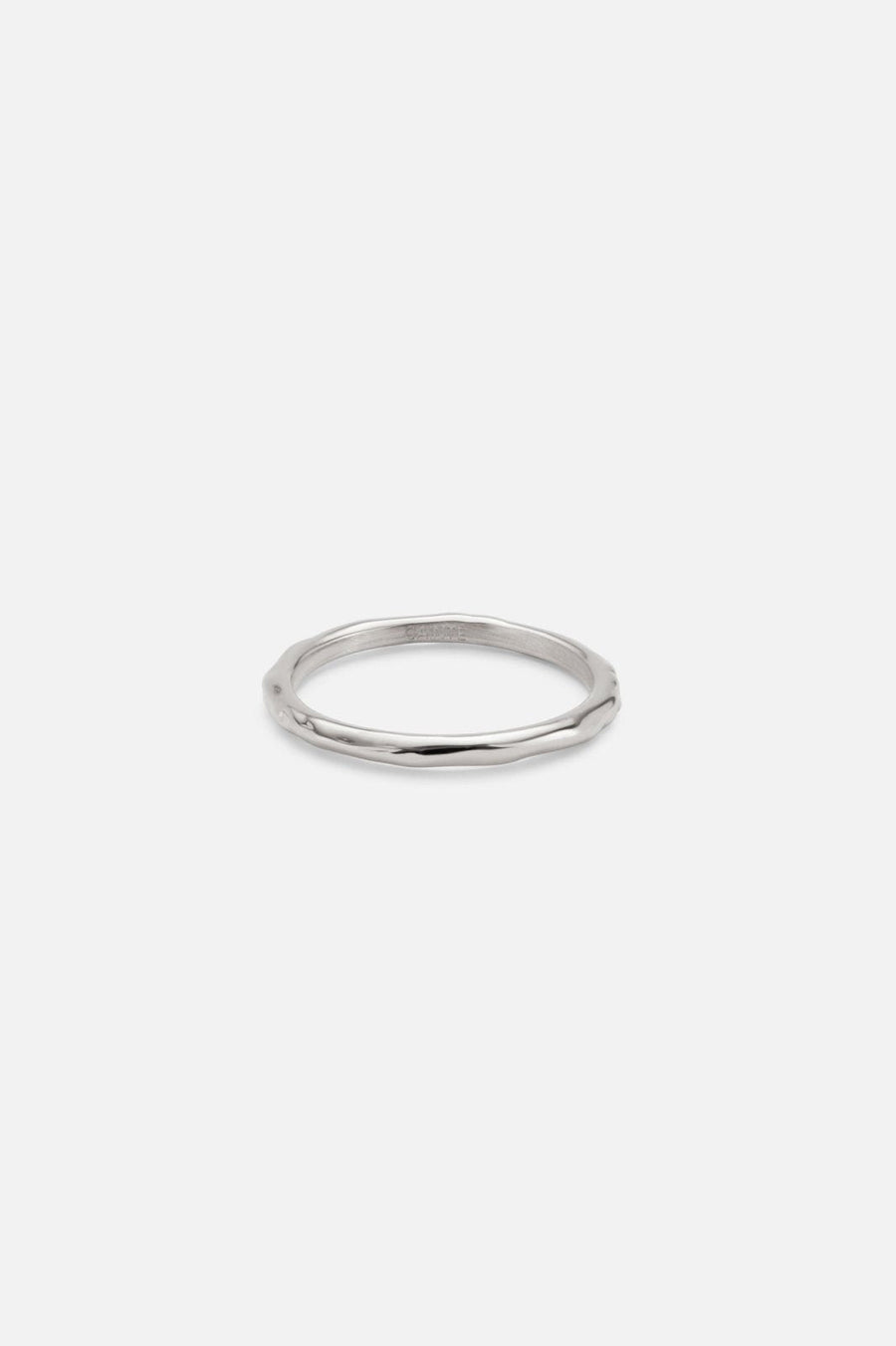 Silver-tone thin band ring, front view on a light background