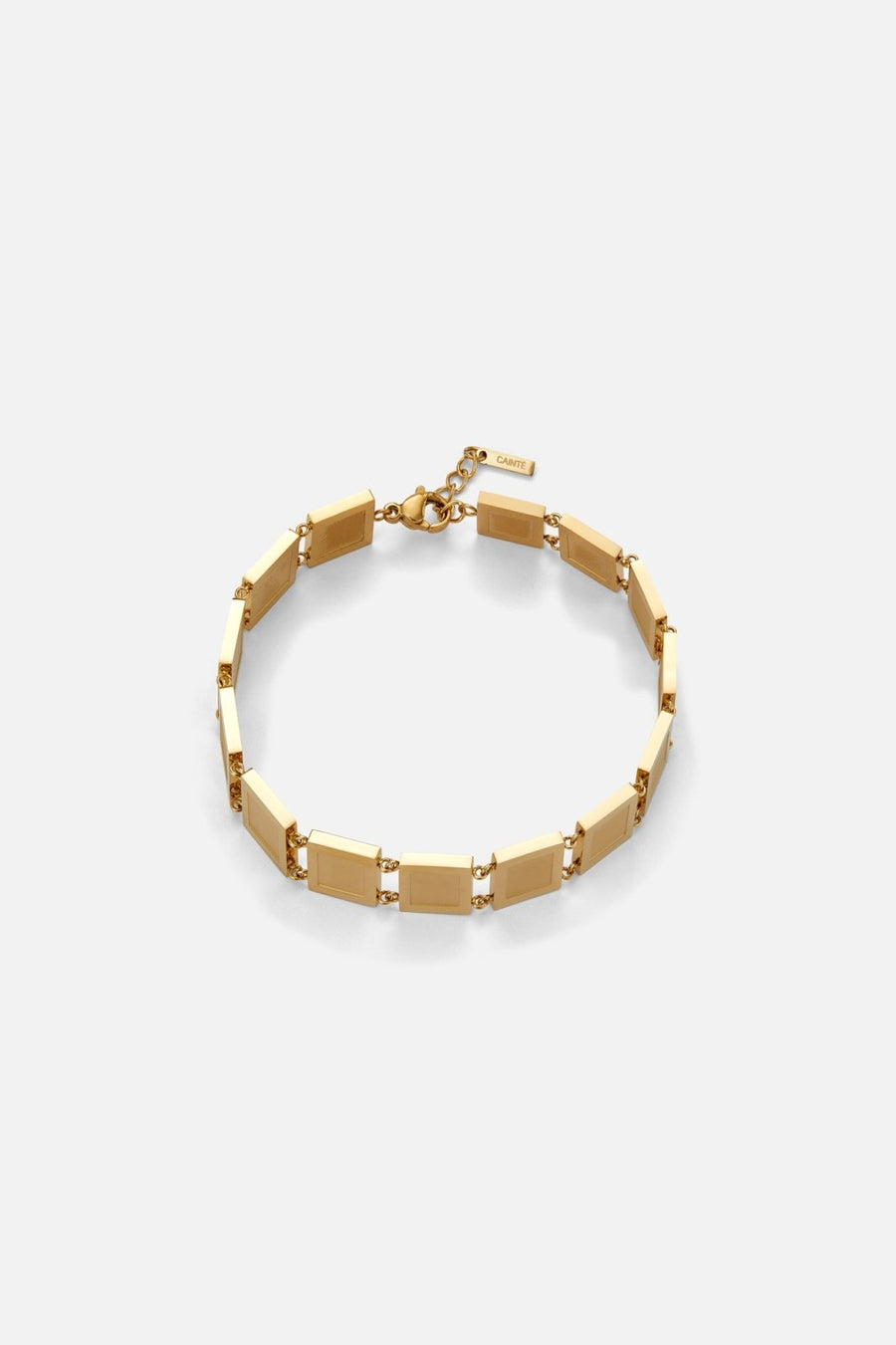 Gold-tone square plate link bracelet, front view on a light background