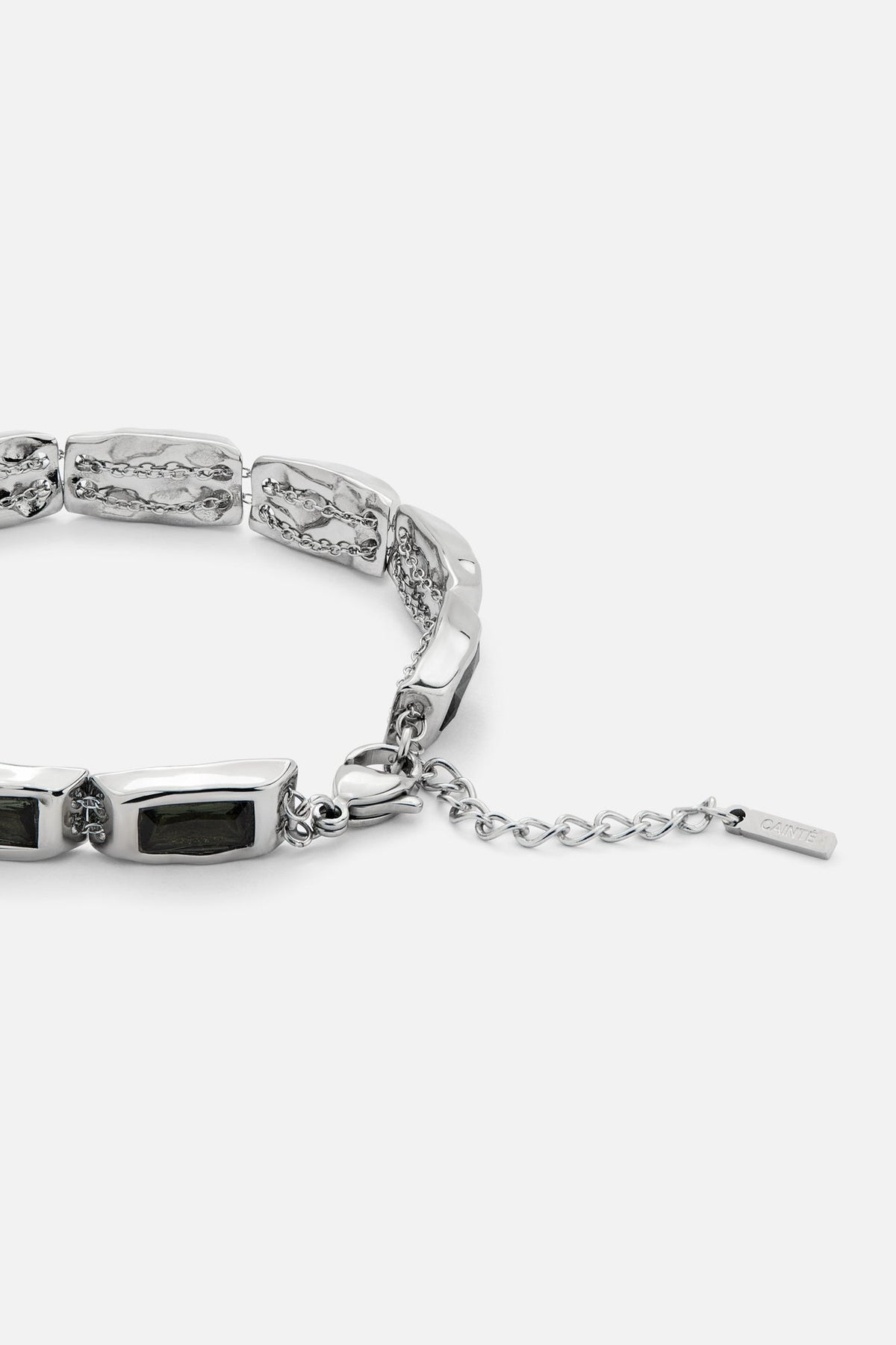 Silver-tone link bracelet with green stones, view 3 of 6
