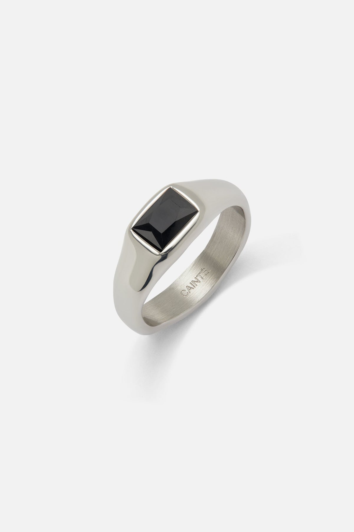 Silver-tone signet ring with a black rectangular stone, view 5 of 6