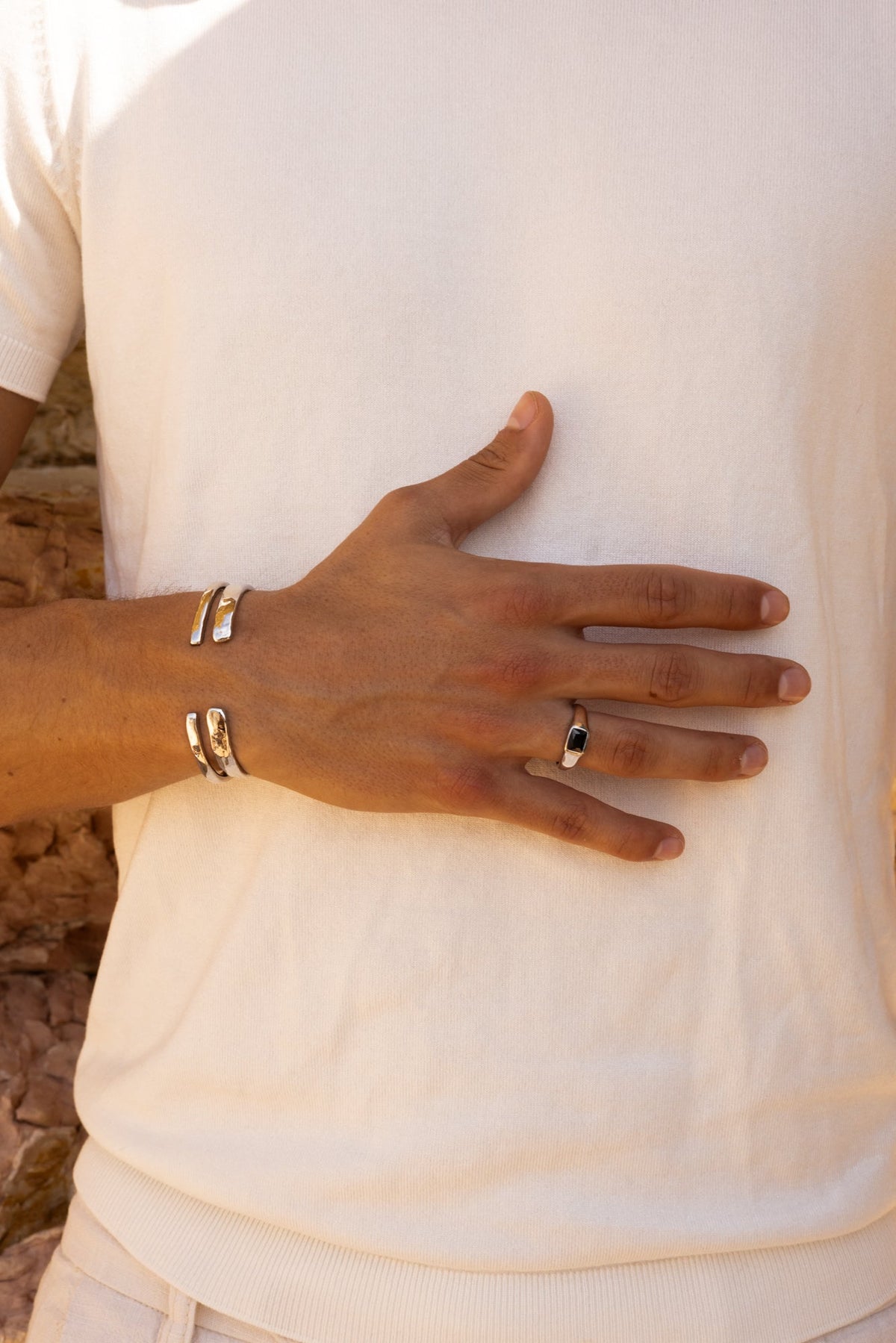 Silver-tone signet ring with a black rectangular stone, view 4 of 6