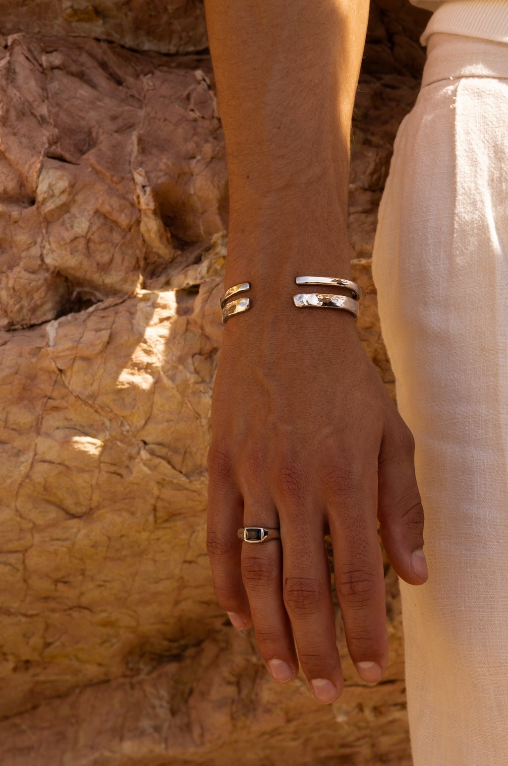 Silver-tone signet ring with a black rectangular stone, view 2 of 6