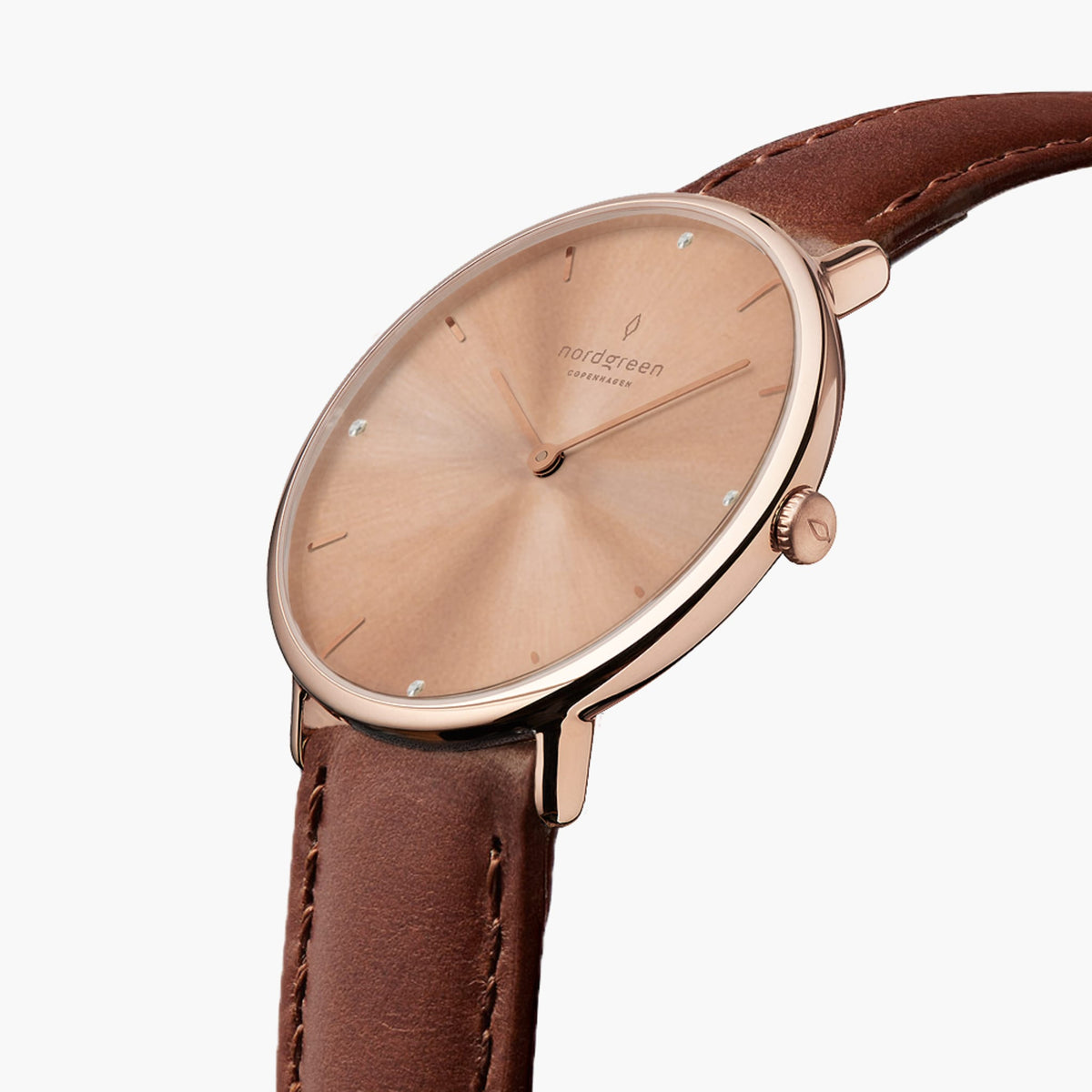 Three-quarter view of the watch showing the rose gold-tone sunburst dial and brown strap.