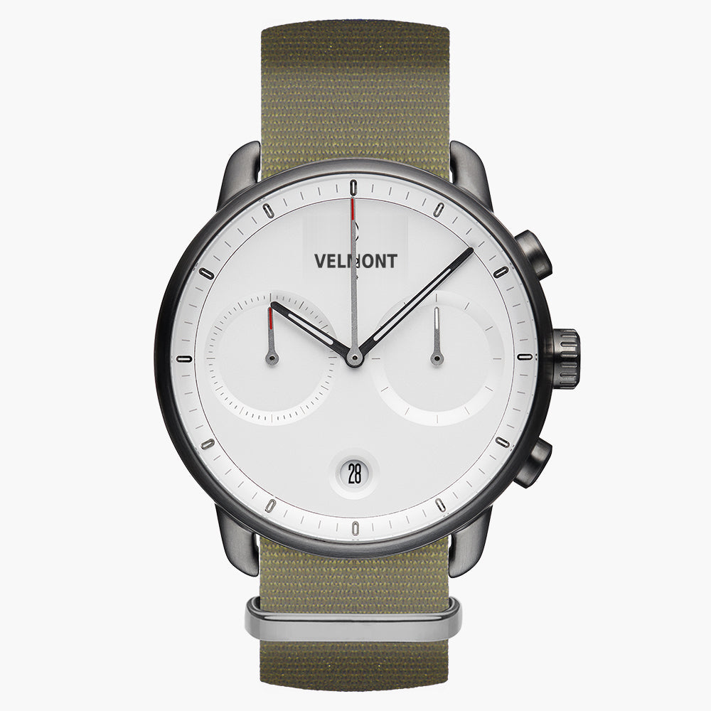 Gunmetal watch with a white dial, two subdials and an olive woven strap, front view.