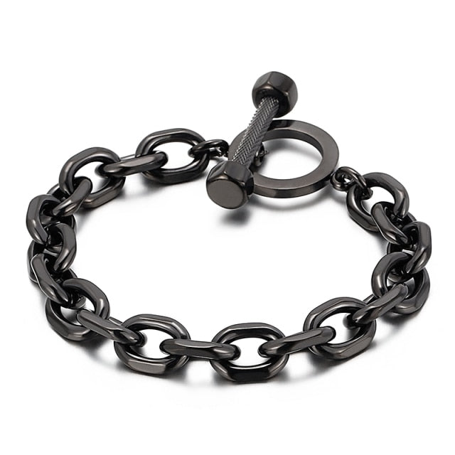 Black oval link bracelet with bolt toggle clasp