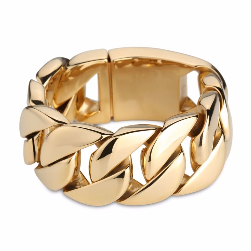 Gold-tone heavy curb bracelet, side view