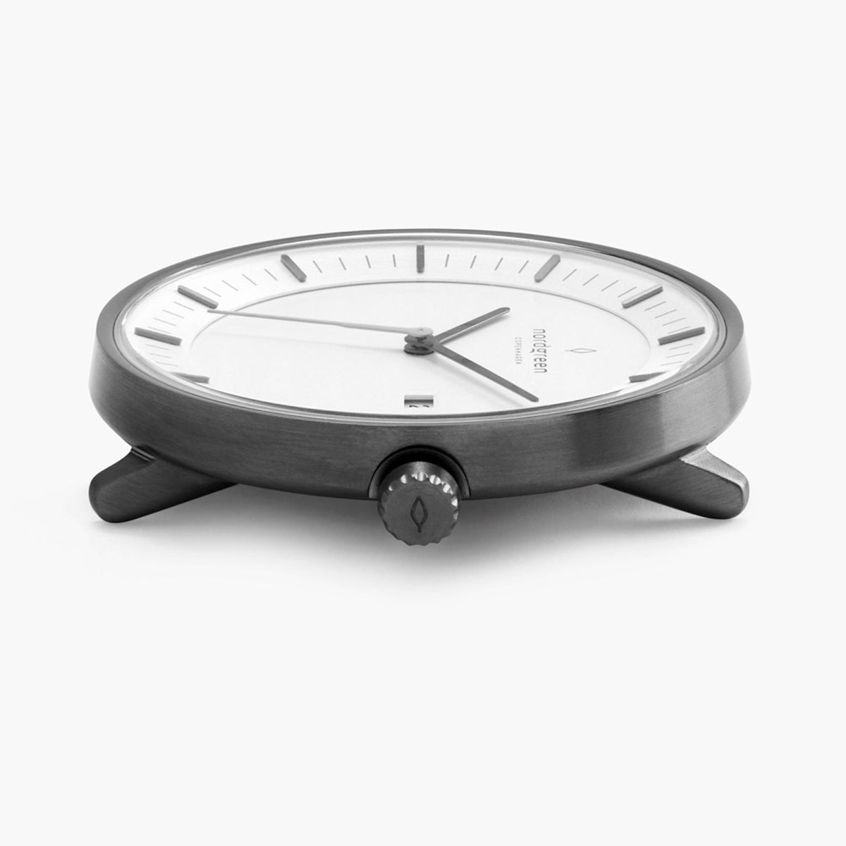 Low side angle of the gunmetal case with the white dial in view.