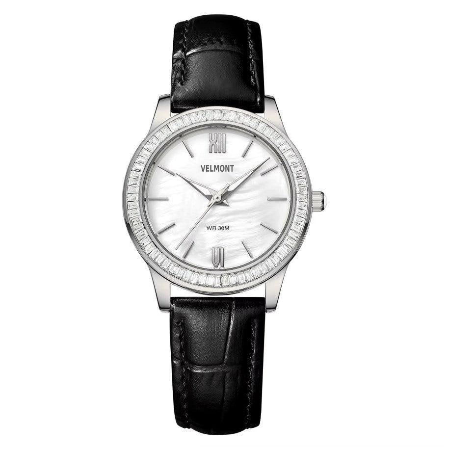 Steel watch with stone-set bezel on black strap
