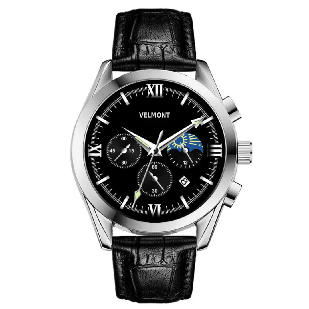 Steel watch with black dial and black strap