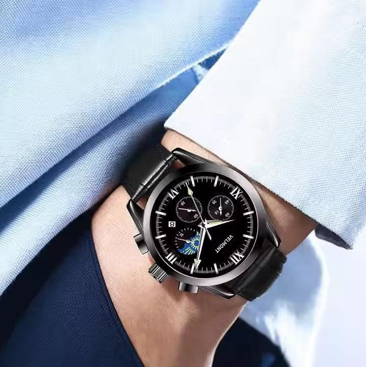 Black watch on a wrist in a blue shirt
