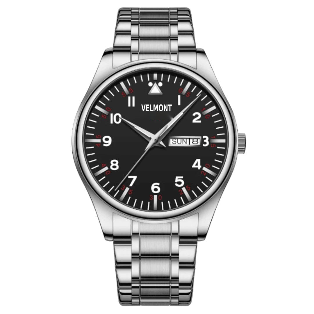Steel watch with black dial and day-date