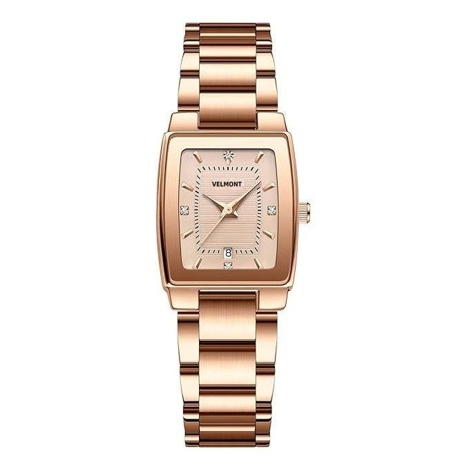 Rose gold-tone rectangular watch with blush dial