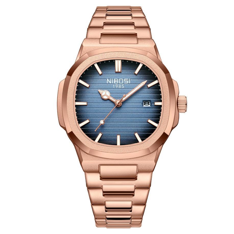 Rose gold-tone watch with blue dial