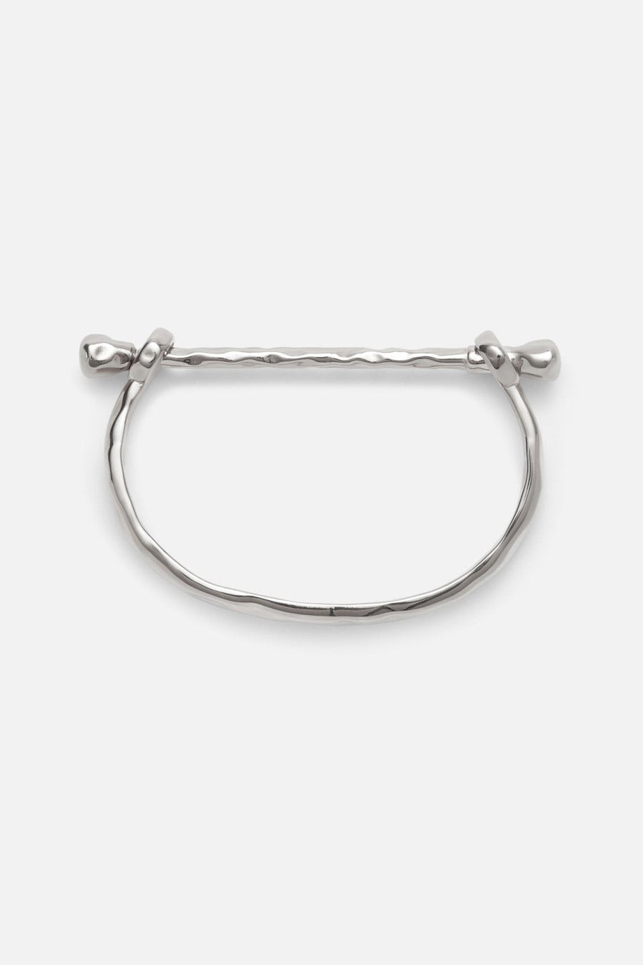 Silver-tone rigid bangle with screw-head ends, front view on a light background